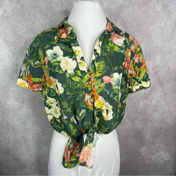 Cara Cara Asbury Floral Tropical Waist Tie Top In Green Women's Size L - Picture 1 of 6